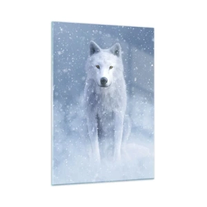 Glasbild - Bild auf glas - Ein weißer Wolf in einem Schneesturm, der geradeaus schaut - 50x70cm - In Winterstimmung - Moderne Wanddekoration für Wohnzimmer und Schlafzimmer ARTTOR