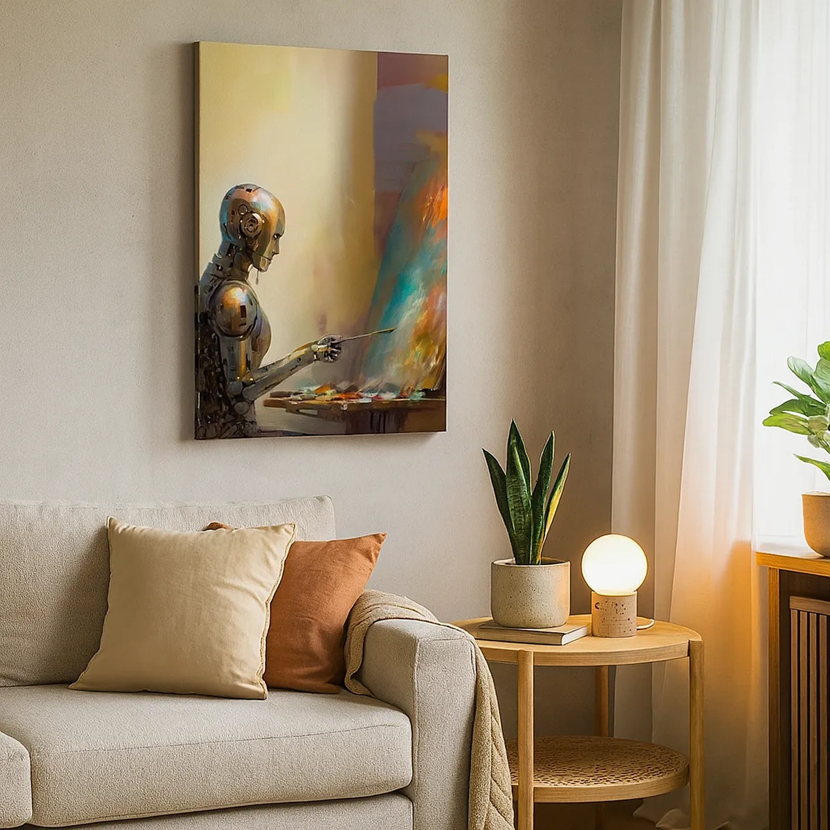 Bild auf Leinwand - Leinwandbild - Ein Roboter, der im künstlerischen Stil auf einer Leinwand malt - 50x70cm - Die Kunst der Zukunft - Moderne Wanddekoration für Wohnzimmer und Schlafzimmer ARTTOR