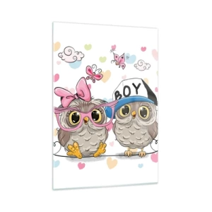 Glasbild - Bild auf glas - Ein Paar fröhlicher Eulen in einer Pastellkomposition - 50x70cm - Lass uns Liebe machen! - Moderne Wanddekoration für Wohnzimmer und Schlafzimmer ARTTOR