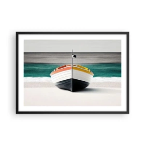Poster in einem schwarzem Rahmen - Ein Boot am Strand mit türkisfarbenem Meer im Hintergrund - 70x50cm - An seinem Platz - Moderne Wanddekoration für Wohnzimmer und Schlafzimmer ARTTOR