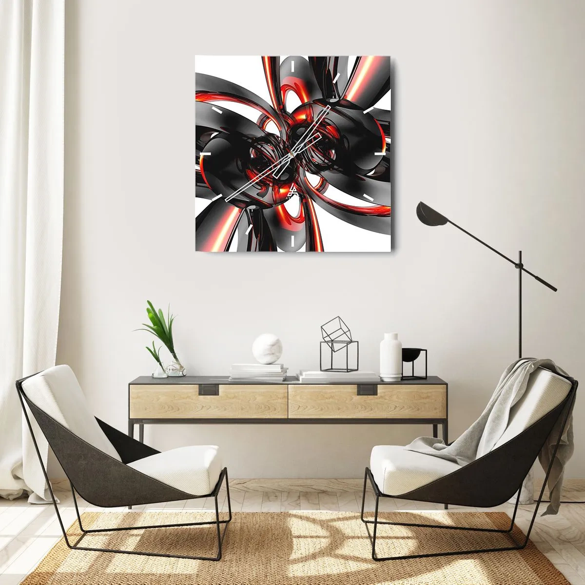Wanduhr - Glasuhr - Abstrakte 3D-Grafiken mit schwarzen und roten Elementen - 30x30cm - Uhrwerk in Graphit und Rot - Moderne Wanddekoration für Wohnzimmer und Schlafzimmer ARTTOR