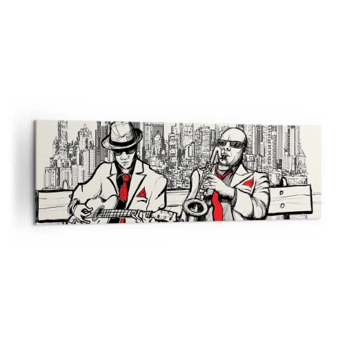 Bild auf Leinwand - Leinwandbild - Ein Jazzduo mit Saxophon und Gitarre vor der Kulisse der Stadt - 160x50cm - New Yorker Improvisation - Moderne Wanddekoration für Wohnzimmer und Schlafzimmer ARTTOR