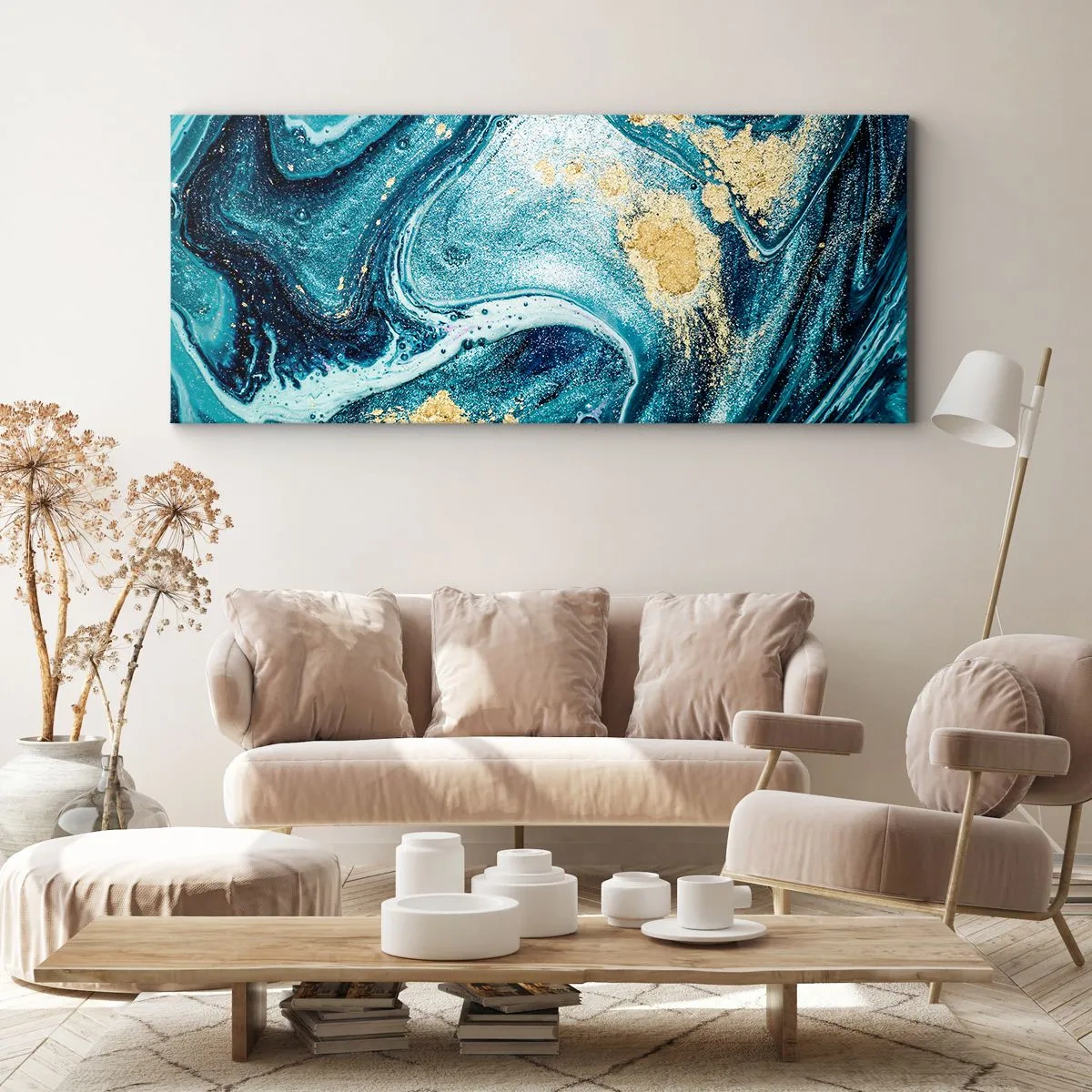 Bild auf Leinwand - Leinwandbild - Eine abstrakte Komposition aus Wellen und goldenen Akzenten - 160x50cm - Blauer Wirbel - Moderne Wanddekoration für Wohnzimmer und Schlafzimmer ARTTOR