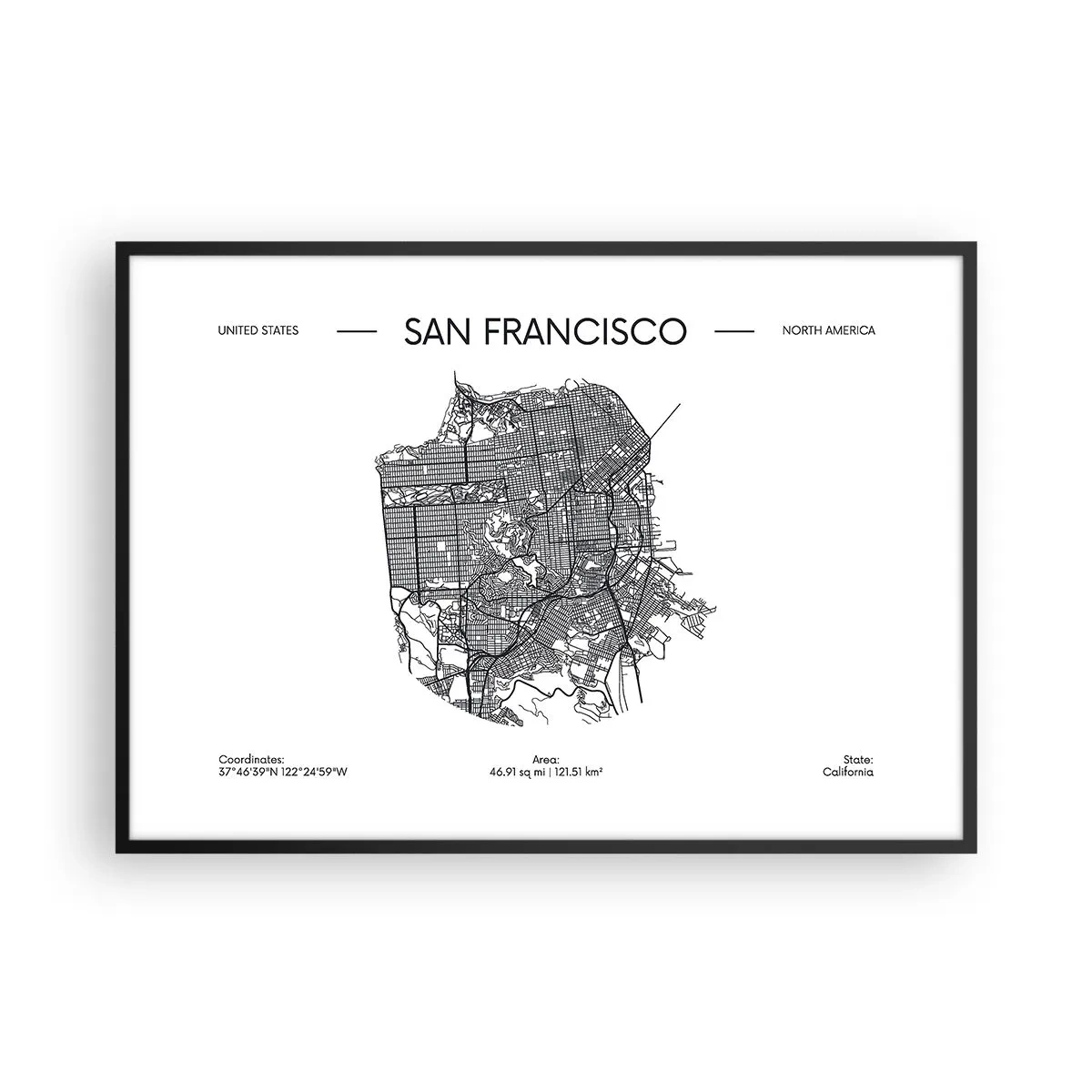Poster in einem schwarzem Rahmen - Eine Karte von San Francisco im minimalistischen Schwarz-Weiß-Stil. - 100x70cm - Anatomie von San Francisco - Moderne Wanddekoration für Wohnzimmer und Schlafzimmer ARTTOR