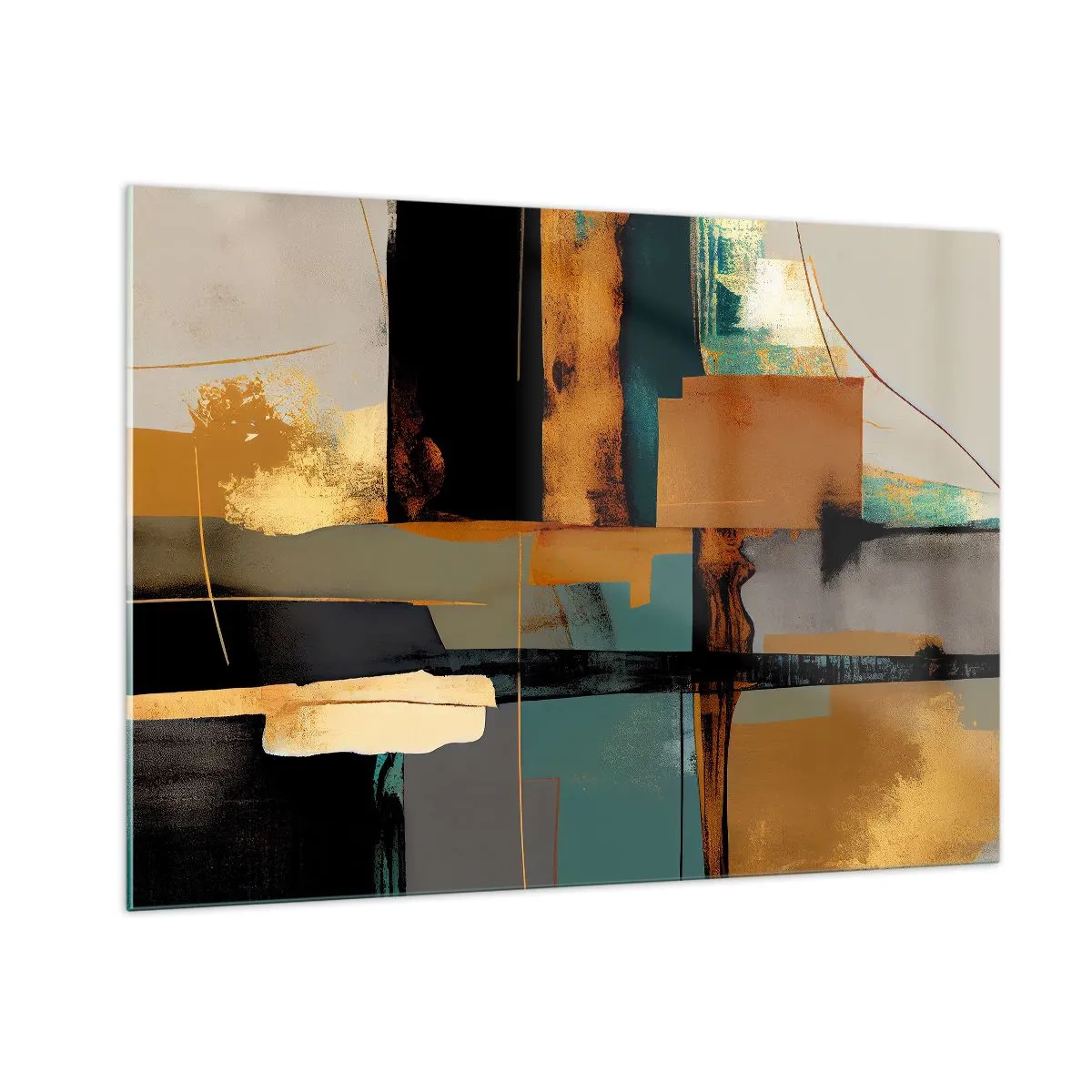 Glasbild - Bild auf glas - Moderne Abstraktion mit kontrastierendem Gold, Schwarz und Türkis - 100x70cm - Abstraktion – Licht und Schatten - Moderne Wanddekoration für Wohnzimmer und Schlafzimmer ARTTOR
