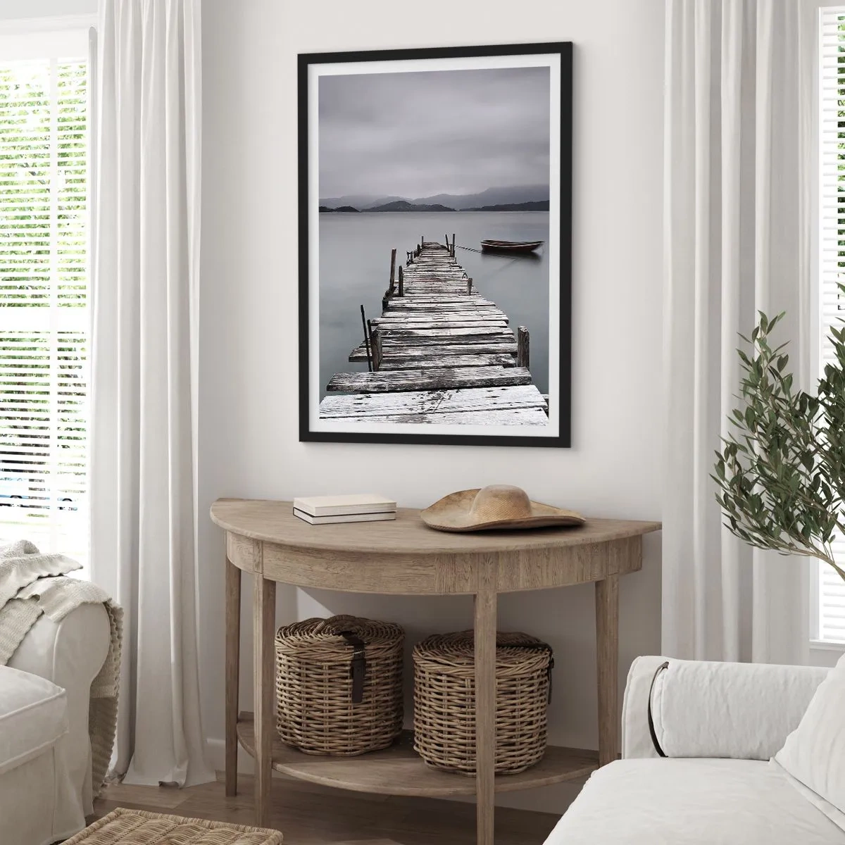 Poster in einem schwarzem Rahmen - Ein alter Pier mit einem Boot auf ruhigem Wasser - 50x70cm - Du kannst morgen gehen - Moderne Wanddekoration für Wohnzimmer und Schlafzimmer ARTTOR