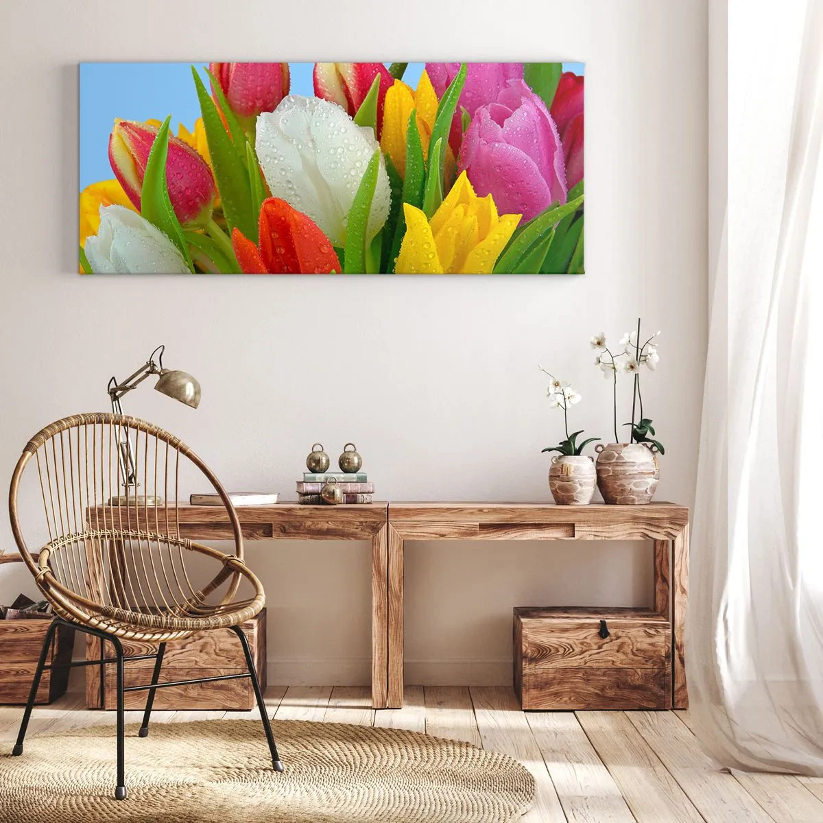 Bild auf Leinwand - Leinwandbild - Ein blumiger Regenbogen in Tautropfen - 90x30 cm