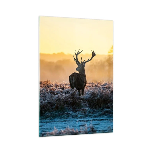Glasbild - Bild auf glas - Ein Reh auf einer frostigen Lichtung bei Sonnenaufgang - 80x120cm - Gekrönt auf seinem Besitz - Moderne Wanddekoration für Wohnzimmer und Schlafzimmer ARTTOR