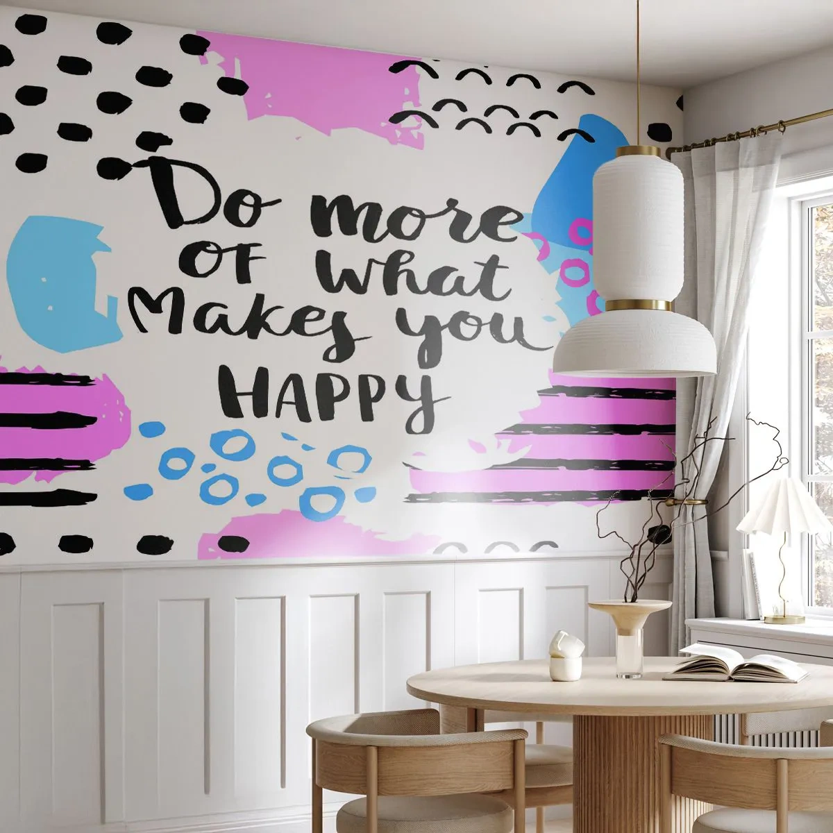 Fototapete Premium Sand - Motivierende Inschrift mit farbenfrohen abstrakten Mustern - 100x70cm - Wie man glücklich wird - Moderne Wanddekoration für Wohnzimmer und Schlafzimmer ARTTOR