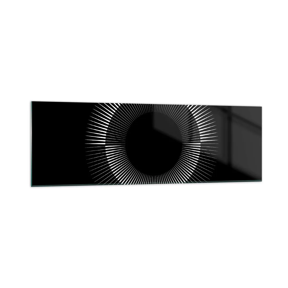Glasbild - Bild auf glas - Grafischer Kreis mit Strahlen in Schwarz und Weiß - 160x50cm - Schwarze Sonne - Moderne Wanddekoration für Wohnzimmer und Schlafzimmer ARTTOR