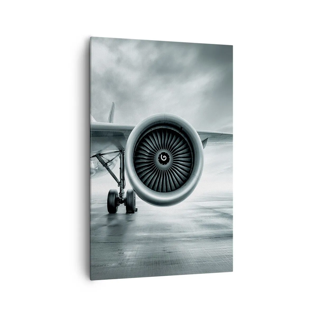 Bild auf Leinwand - Leinwandbild - Das Düsentriebwerk eines Flugzeugs auf dem Rollfeld - 80x120cm - Die Macht ist da! - Moderne Wanddekoration für Wohnzimmer und Schlafzimmer ARTTOR