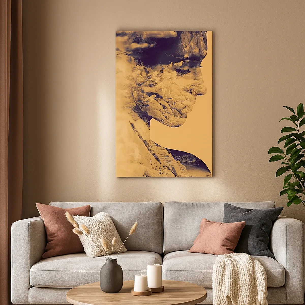 Bild auf Leinwand - Leinwandbild - Profil einer Frau mit der Natur im Hintergrund in warmen Tönen - 50x70cm - Von Natur aus schön - Moderne Wanddekoration für Wohnzimmer und Schlafzimmer ARTTOR