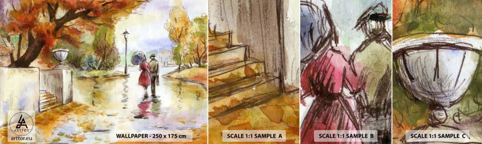 Fototapetenmuster Standard Eco - Romantischer Herbst im Park - Stadt, Menschen, Verliebtes Pärchen - 100x30 cm