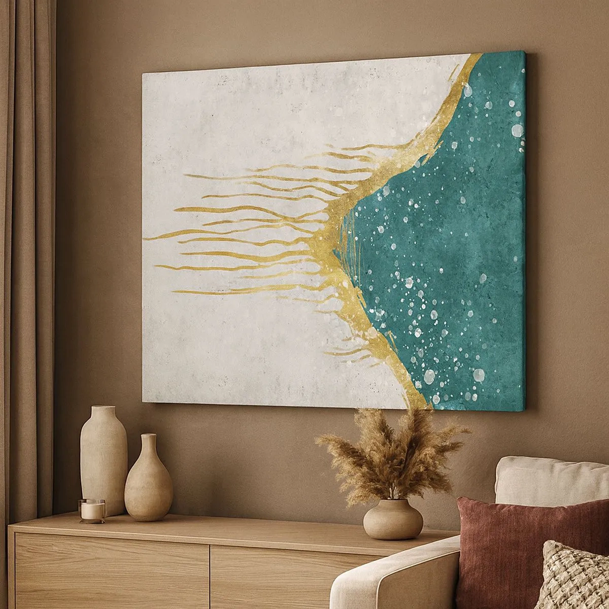 Bild auf Leinwand - Leinwandbild - Eine abstrakte Komposition in Gold- und Türkistönen - 70x50cm - Goldene Flut - Moderne Wanddekoration für Wohnzimmer und Schlafzimmer ARTTOR