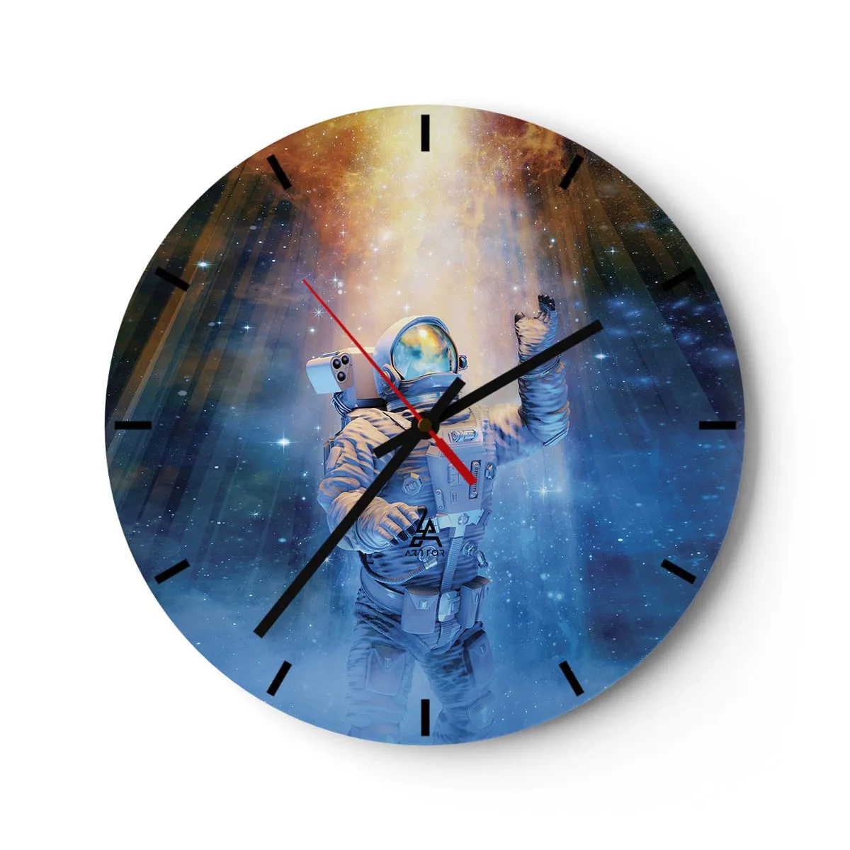 Wanduhr - Glasuhr - Ein Astronaut, der im Sternenlicht durch den Weltraum schwebt - 30x30cm - Endlich am Ende - Moderne Wanddekoration für Wohnzimmer, Küche und Schlafzimmer ARTTOR