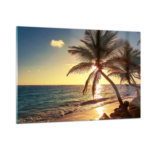 Glasbild - Bild auf glas - Tropischer Strand mit Palmen im Licht der untergehenden Sonne - 120x80cm - Sommer unter Palmen - Moderne Wanddekoration für Wohnzimmer und Schlafzimmer ARTTOR
