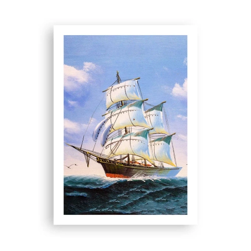 Poster - Ein Segelschiff gegen das Meer, volle Segel - 50x70cm - Mit Stolz mit dem Wind - Moderne Wanddekoration für Wohnzimmer und Schlafzimmer ARTTOR