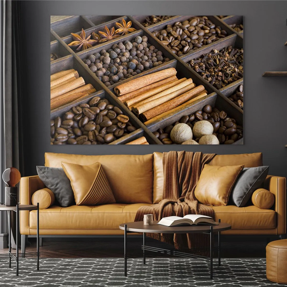 Glasbild - Bild auf glas - Gewürze in Holzfächern - 120x80cm - Eine Fundgrube an Aromen - Moderne Wanddekoration für Wohnzimmer und Schlafzimmer ARTTOR