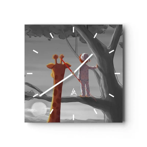 Wanduhr - Glasuhr - Ein Kind und eine Giraffe auf einem Ast in einer Märchenlandschaft - 30x30cm - Das passiert wirklich - Moderne Wanddekoration für Wohnzimmer und Schlafzimmer ARTTOR