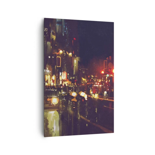 Bild auf Leinwand - Leinwandbild - Nachtszene in der Stadt mit bunten Lichtern und Straßenreflexionen - 80x120cm - Eingetaucht in die Lichter der Nacht - Moderne Wanddekoration für Wohnzimmer und Schlafzimmer ARTTOR