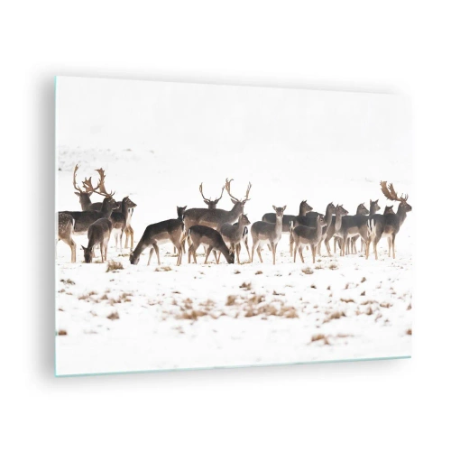 Glasbild - Bild auf glas - Ein Foto einer Hirschherde in einer verschneiten Landschaft - 70x50cm - Kommen die Weihnachten? - Moderne Wanddekoration für Wohnzimmer und Schlafzimmer ARTTOR
