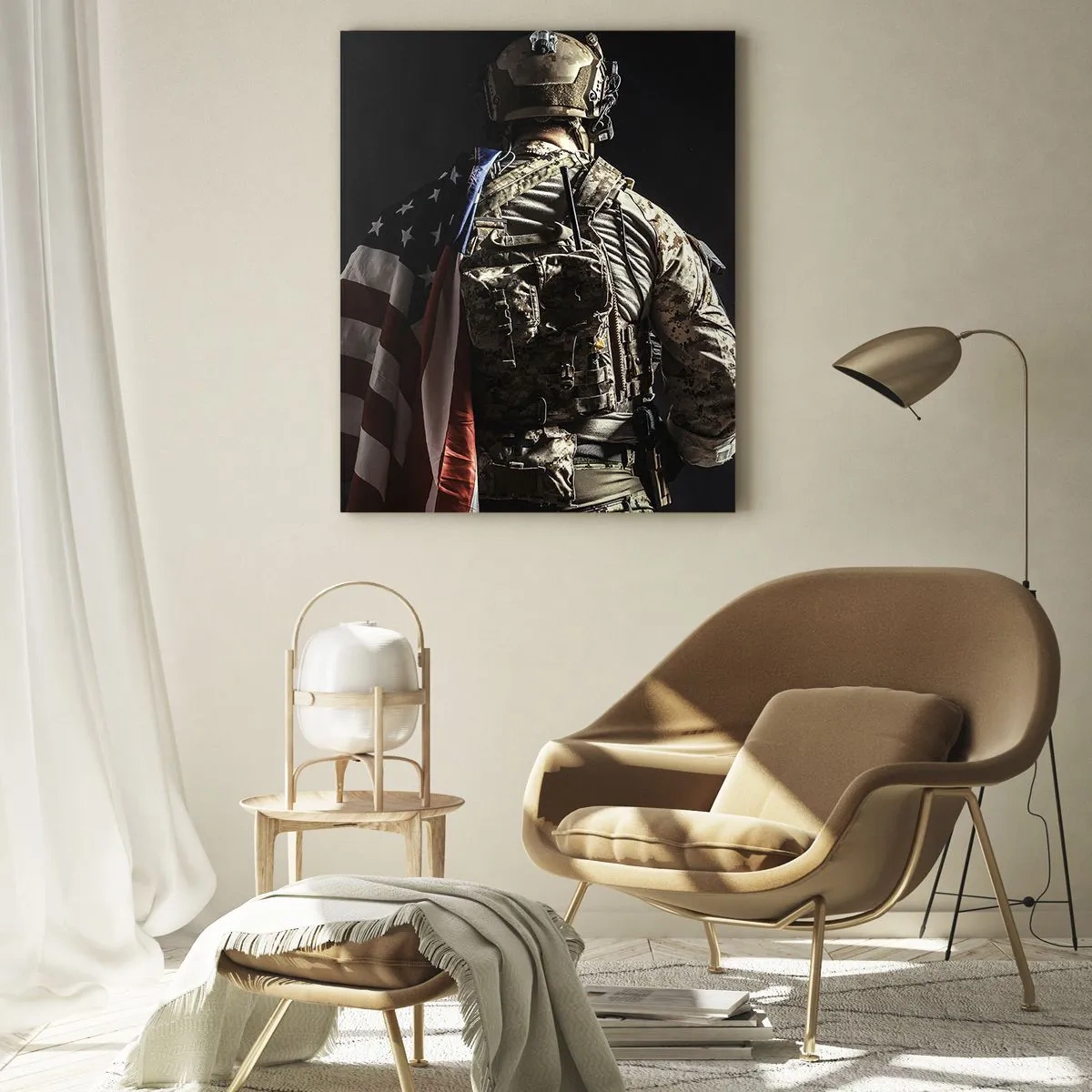 Glasbild - Bild auf glas - Ein Soldat mit einer amerikanischen Flagge vor dunklem Hintergrund - 50x70cm - Darum - Moderne Wanddekoration für Wohnzimmer und Schlafzimmer ARTTOR