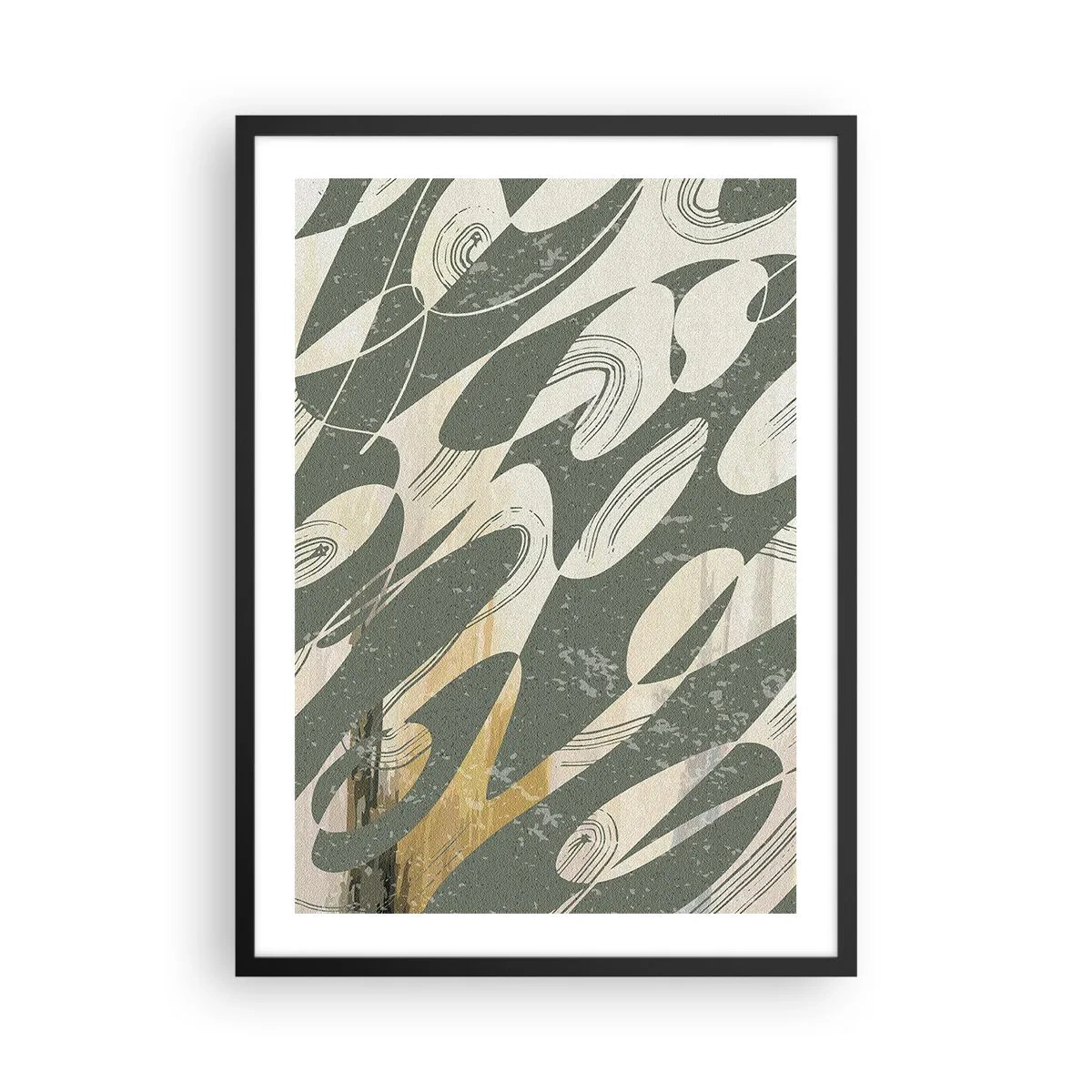 Poster in einem schwarzem Rahmen - Eine abstrakte Komposition aus organischen Formen in Grün und Beige. - 50x70cm - Rhythmische Abstraktion - Moderne Wanddekoration für Wohnzimmer und Schlafzimmer ARTTOR