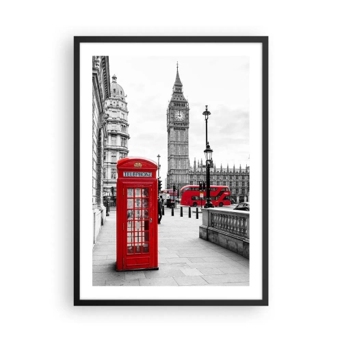 Poster in einem schwarzem Rahmen - Eine rote Telefonzelle mit Big Ben und einem Bus im Hintergrund. - 50x70cm - London, ohne Zweifel - Moderne Wanddekoration für Wohnzimmer und Schlafzimmer ARTTOR