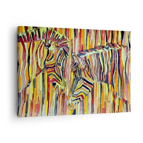Bild auf Leinwand - Leinwandbild - Bunte Zebras vor einem Hintergrund aus abstrakten Streifen - 70x50cm - Also du auch... - Moderne Wanddekoration für Wohnzimmer und Schlafzimmer ARTTOR