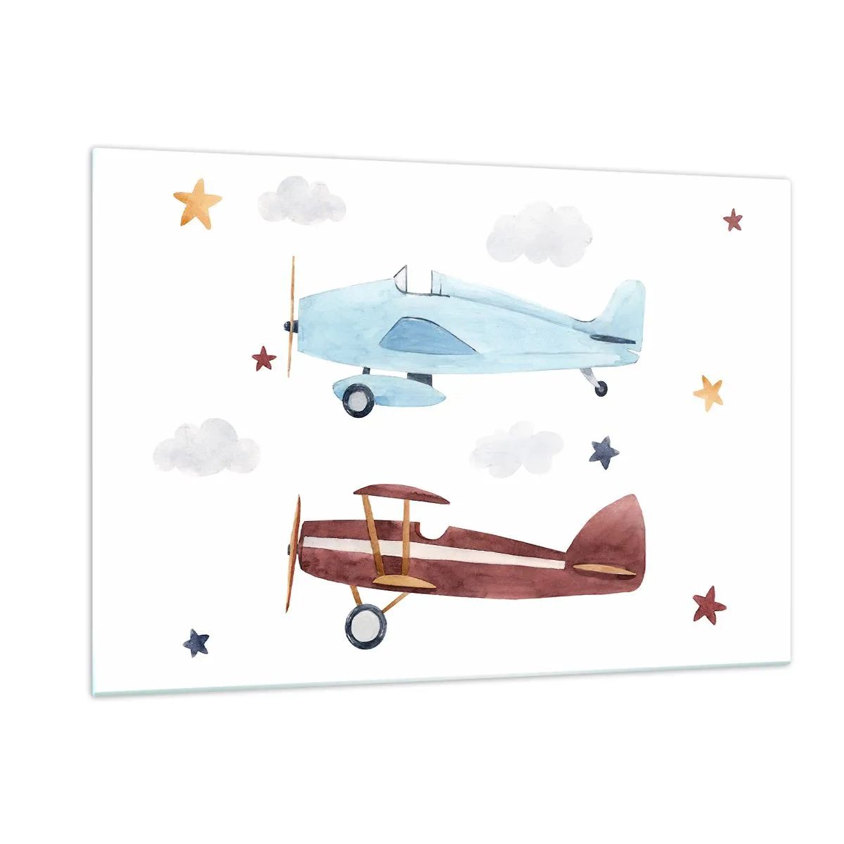 Glasbild - Bild auf glas - Zwei bunte Flugzeuge zwischen Sternen und Wolken - 120x80cm - Wir warten, Herr Pilot! - Moderne Wanddekoration für Wohnzimmer und Schlafzimmer ARTTOR