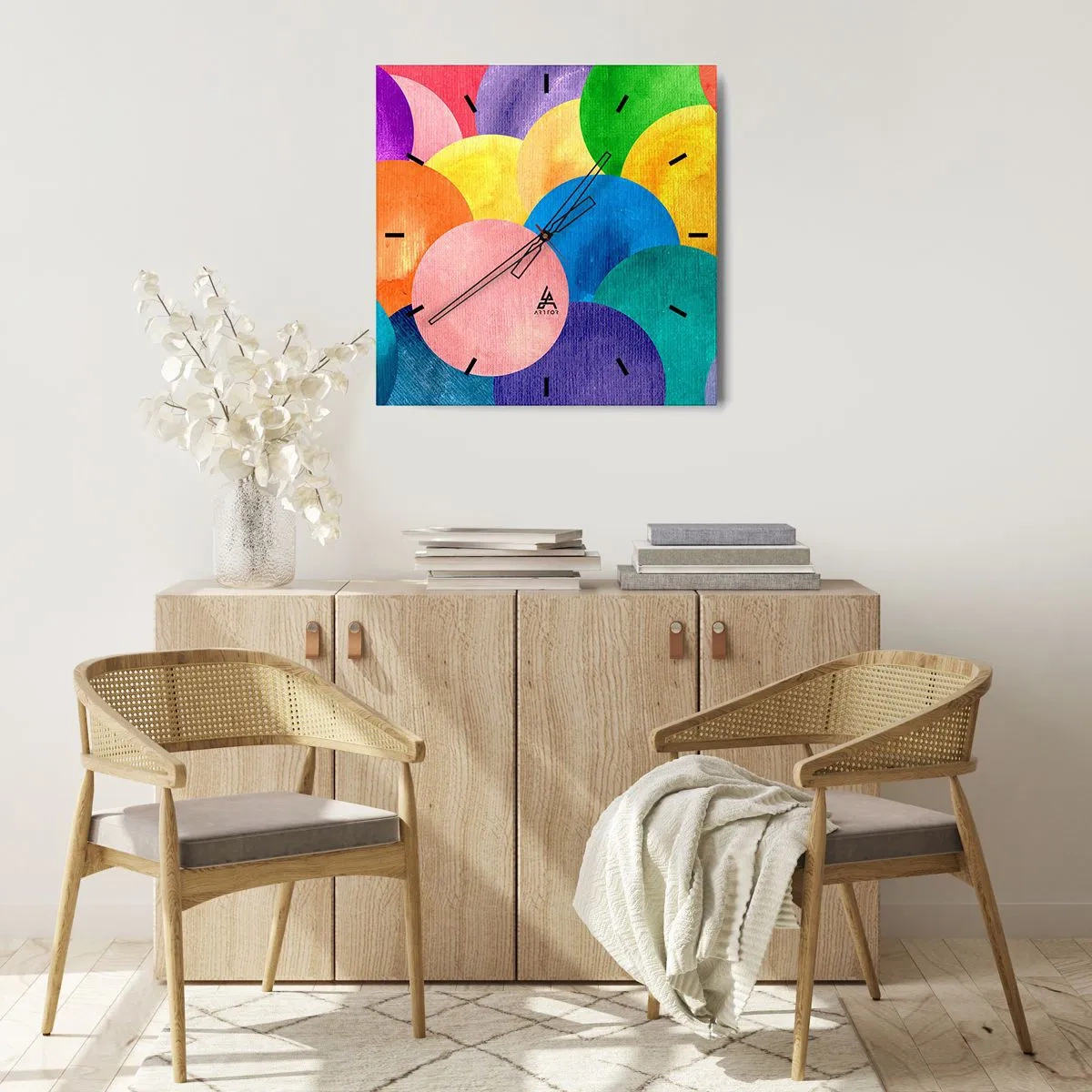 Wanduhr - Glasuhr - Bunte Kreise im Aquarellstil - 30x30cm - Die ursprüngliche Fülle des Lebens - Moderne Wanddekoration für Wohnzimmer und Schlafzimmer ARTTOR