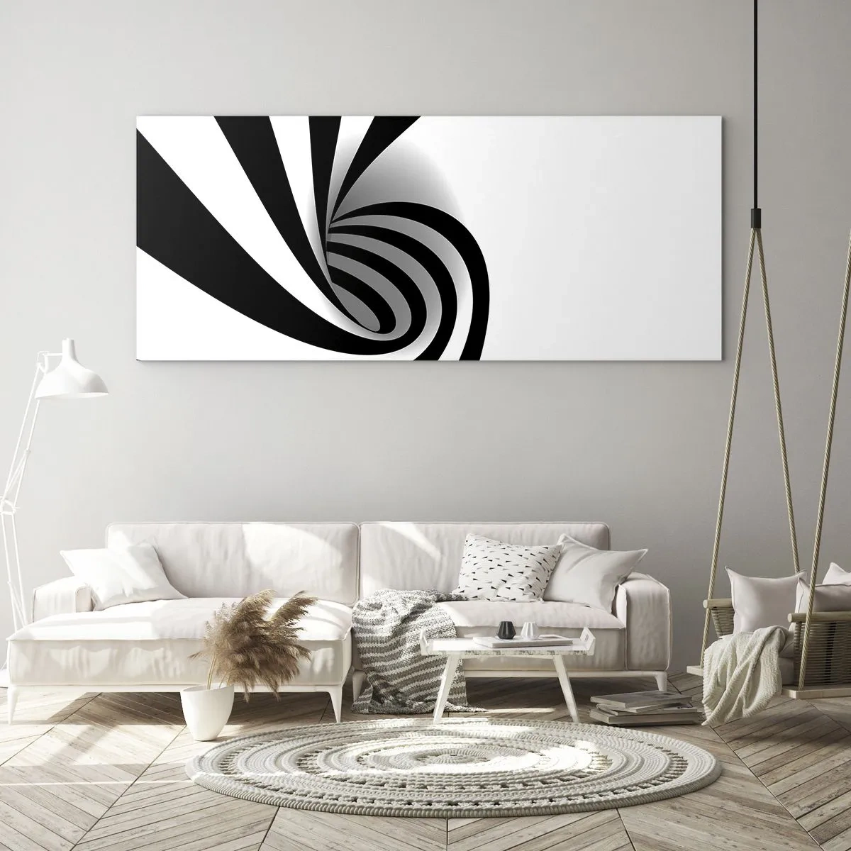 Glasbild - Bild auf glas - Abstrakter optischer Wirbel in Schwarzweiß - 120x50cm - Und doch dreht es sich - Moderne Wanddekoration für Wohnzimmer und Schlafzimmer ARTTOR