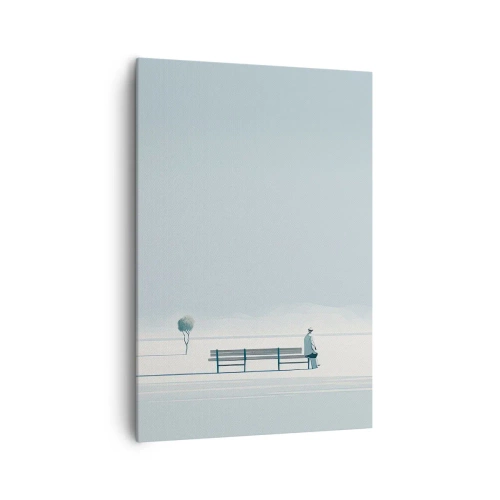 Bild auf Leinwand - Leinwandbild - Eine Person, die auf einer Bank in einer minimalistischen Landschaft sitzt - 70x100cm - Ja, ich warte. - Moderne Wanddekoration für Wohnzimmer und Schlafzimmer ARTTOR