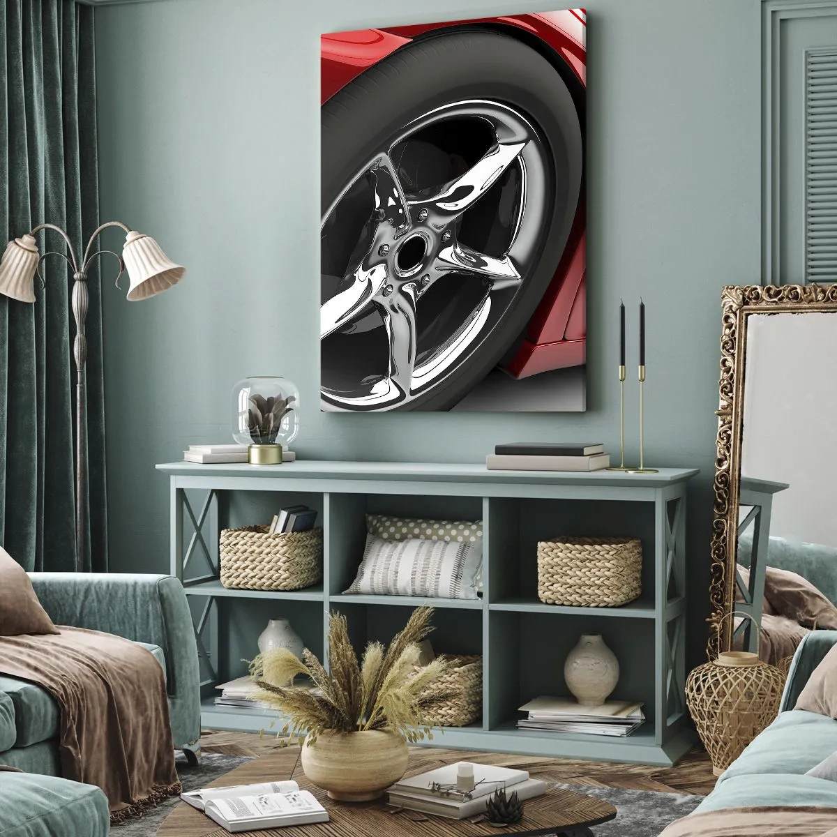 Bild auf Leinwand - Leinwandbild - Roter Sportwagen mit Chromfelge - 50x70cm - Für Schnelligkeit gebaut - Moderne Wanddekoration für Wohnzimmer und Schlafzimmer ARTTOR