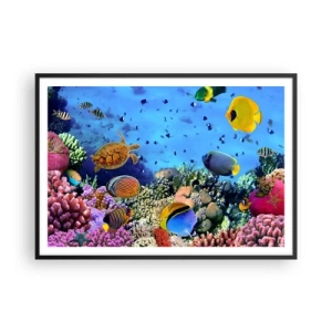 Poster in einem schwarzem Rahmen - Korallenriff mit bunten Fischen und einer Meeresschildkröte - 100x70cm - Und was wissen wir über das Leben ... - Moderne Wanddekoration für Wohnzimmer und Schlafzimmer ARTTOR