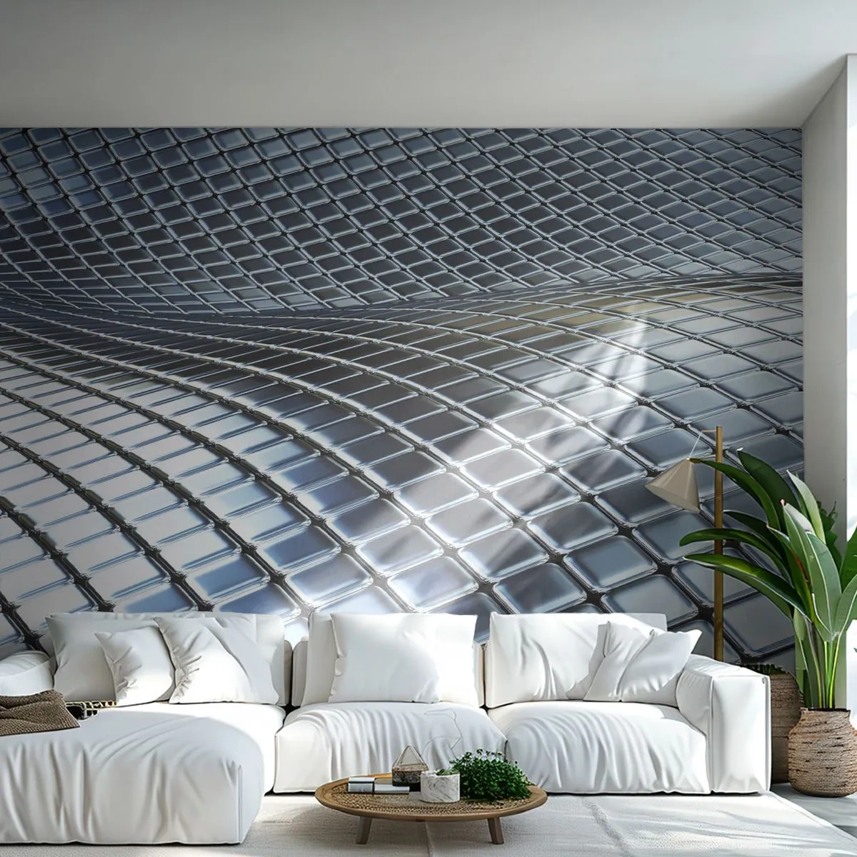 Fototapete Premium Sand - Futuristische silberne 3D-Struktur - 100x70cm - Metallische silberne Welle - Moderne Wanddekoration für Wohnzimmer und Schlafzimmer ARTTOR