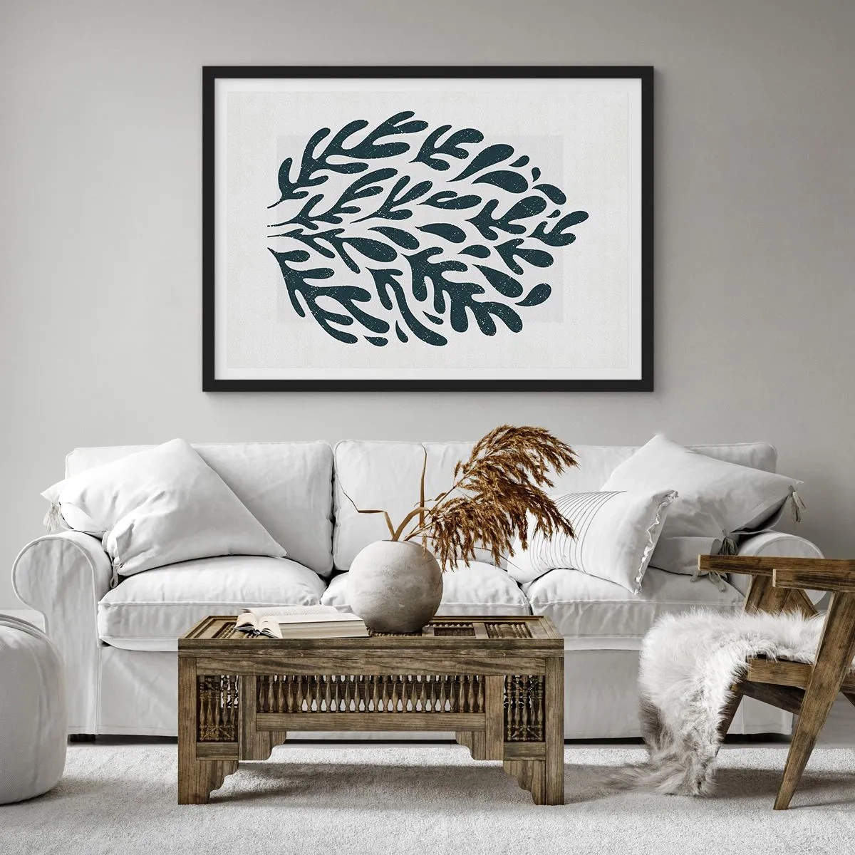 Poster in einem schwarzem Rahmen - Dunkles abstraktes Blattmotiv auf hellem Hintergrund - 70x50cm - Formen der Natur - Moderne Wanddekoration für Wohnzimmer und Schlafzimmer ARTTOR