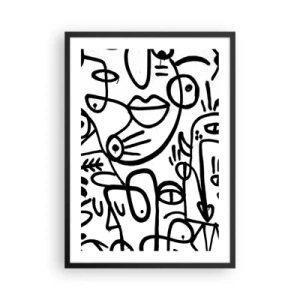 Poster in einem schwarzem Rahmen - Abstrakte schwarze Linien auf weißem Hintergrund - 50x70cm - Gesichter und Luftspiegelungen - Moderne Wanddekoration für Wohnzimmer und Schlafzimmer ARTTOR