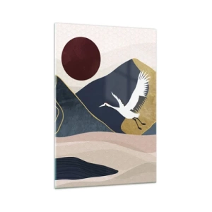 Glasbild - Bild auf glas - Kraniche im Flug vor der Kulisse der Berge und einer roten Sonne - 70x100cm - Es ist wieder ein Tag VERFLOGEN - Moderne Wanddekoration für Wohnzimmer und Schlafzimmer ARTTOR