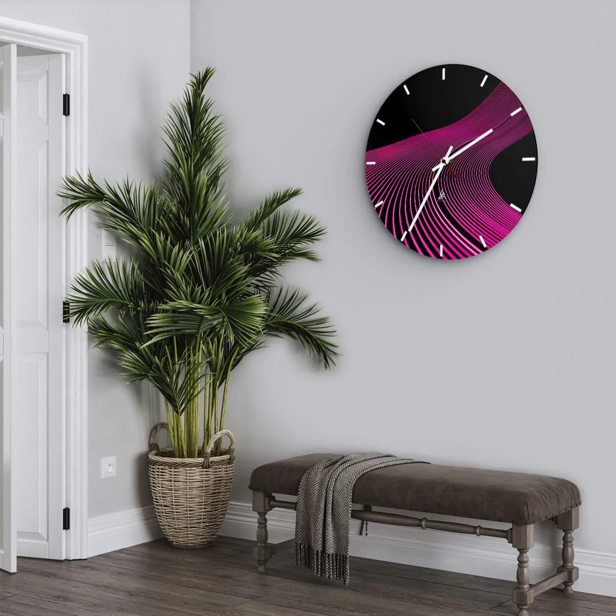Wanduhr - Glasuhr - Lila Linien auf schwarzem Hintergrund in einer futuristischen Komposition - 30x30cm - Allee des Lichts - Moderne Wanddekoration für Wohnzimmer, Küche und Schlafzimmer ARTTOR