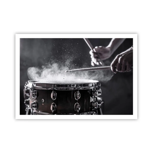 Poster - Schlagen der Snare Drum mit Sticks mit Staubeffekt - 100x70cm - Der Puls der Musik - Moderne Wanddekoration für Wohnzimmer und Schlafzimmer ARTTOR