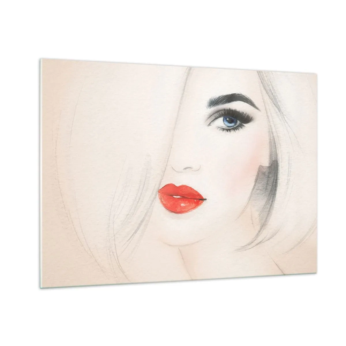 Glasbild - Bild auf glas - Porträt einer Frau mit hellem Haar, roten Lippen und blauen Augen - 100x70cm - Es hypnotisiert und berauscht - Moderne Wanddekoration für Wohnzimmer und Schlafzimmer ARTTOR
