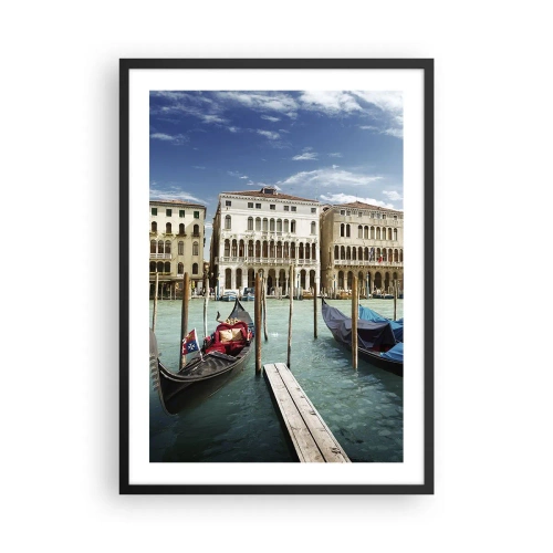 Poster in einem schwarzem Rahmen - Gondeln auf dem Wasser mit historischen Gebäuden im Hintergrund in Venedig - 50x70cm - Paläste in Blau - Moderne Wanddekoration für Wohnzimmer und Schlafzimmer ARTTOR