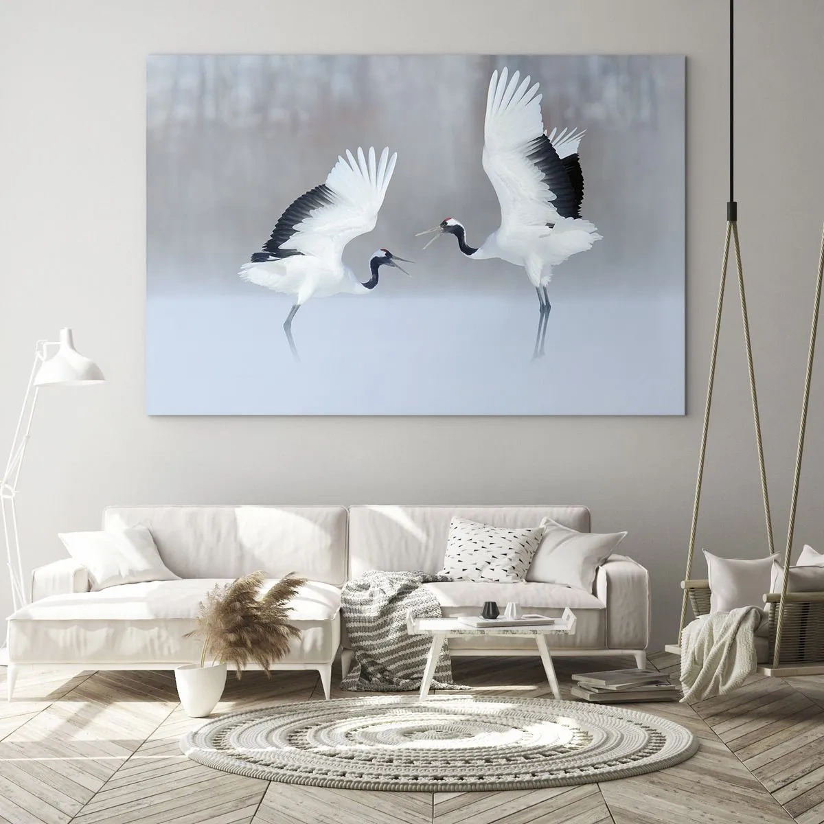 Glasbild - Bild auf glas - Tanzende Kraniche vor der Kulisse einer Winterlandschaft - 120x80cm - Tanz im Nebel - Moderne Wanddekoration für Wohnzimmer und Schlafzimmer ARTTOR