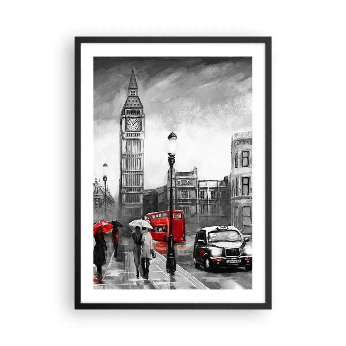 Poster in einem schwarzem Rahmen - Big Ben an einem regnerischen Tag mit roten Akzenten - 50x70cm - Gar keine graue Stadt - Moderne Wanddekoration für Wohnzimmer und Schlafzimmer ARTTOR