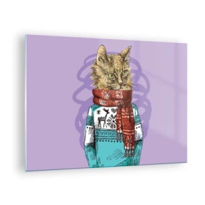 Glasbild - Bild auf glas - Eine Katze in Pullover und Schal auf violettem Hintergrund - 70x50cm - Die Katze nicht nur in Schuhen - Moderne Wanddekoration für Wohnzimmer und Schlafzimmer ARTTOR