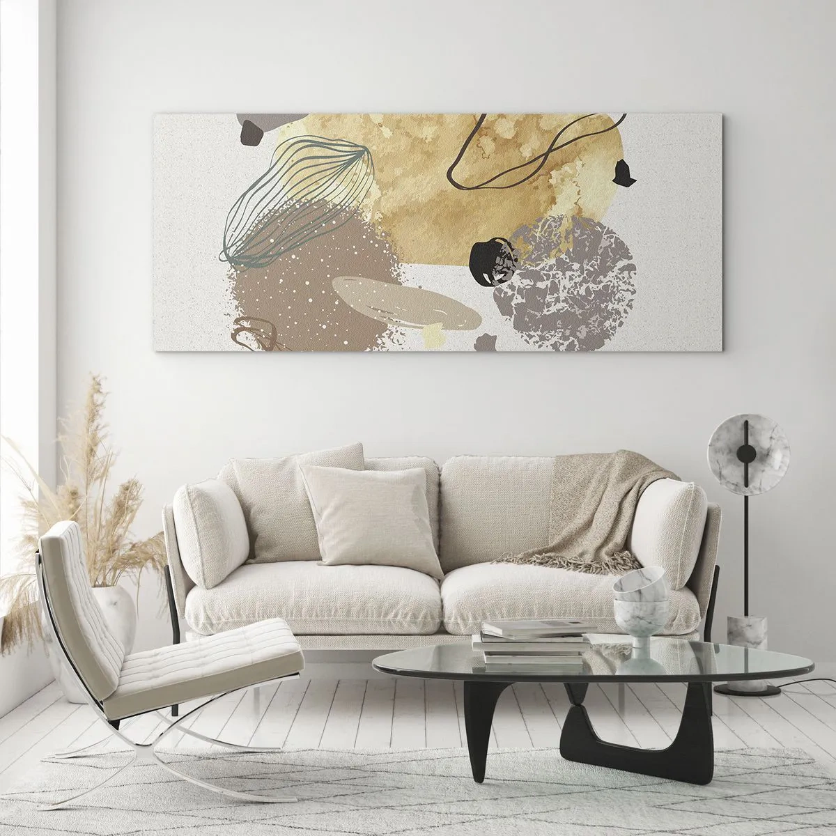 Glasbild - Bild auf glas - Eine Komposition aus abstrakten Formen in Beige und Gelb. - 160x50cm - Angewandte Plumkologie - Moderne Wanddekoration für Wohnzimmer und Schlafzimmer ARTTOR