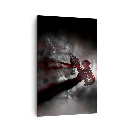 Bild auf Leinwand - Leinwandbild - Saxophonist im Rauch auf der Bühne in stimmungsvollem Schwarz und Rot - 80x120cm - In den Dämpfen des Jazz - Moderne Wanddekoration für Wohnzimmer und Schlafzimmer ARTTOR
