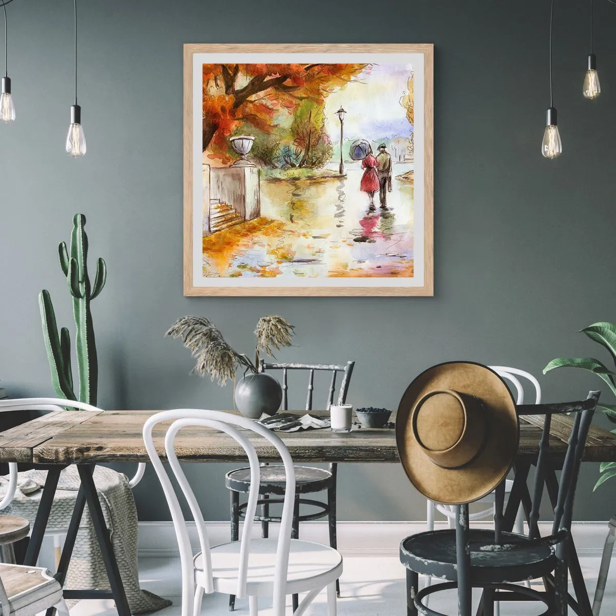 Poster in einem Rahmen aus heller Eiche - Romantischer Herbst im Park - 60x60 cm