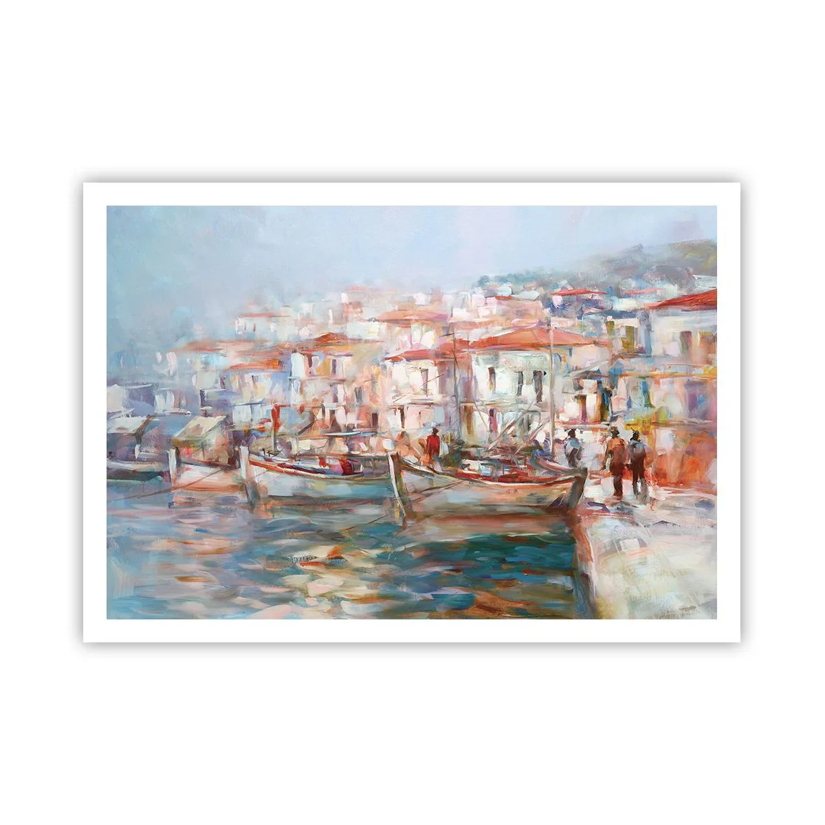 Poster - Hafenimpression mit Booten und Gebäuden - 100x70cm - Pastell-Sommerferien - Moderne Wanddekoration für Wohnzimmer und Schlafzimmer ARTTOR